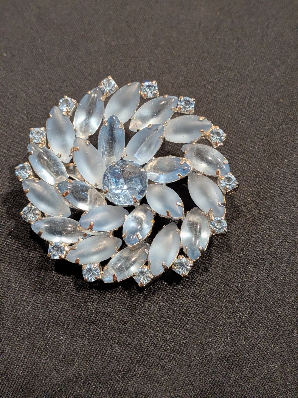 Vintage Juliana D&E Blue Milk Glass Rhinestone & Blue Crystal Floral Brooch